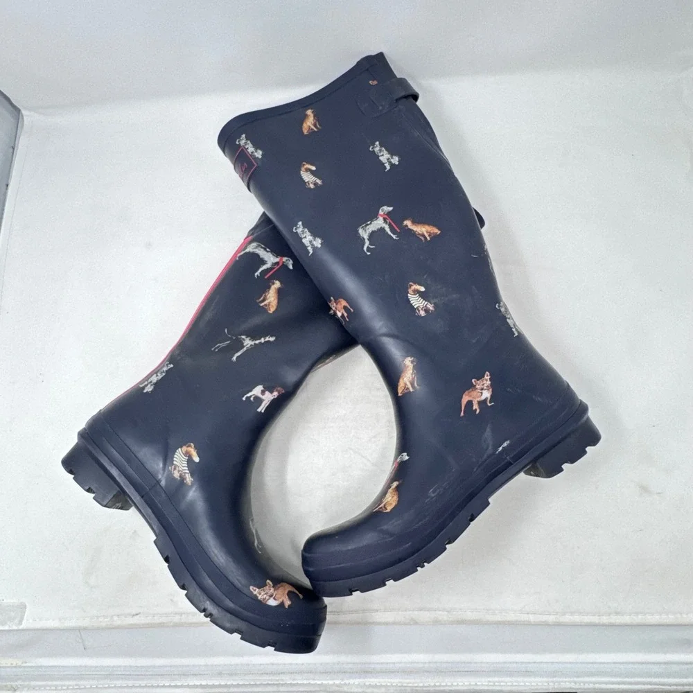 Joules Rain Boots Navy Blue Size 8 Dog Print Tall Wellingtons Waterproof